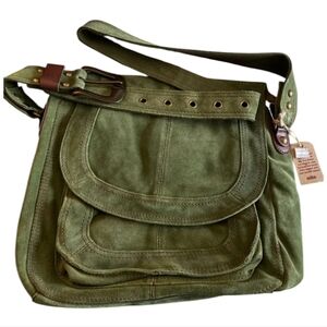 Vintage Lucky Brand Green Suede Adjustable Grommet Straps Messenger Bag NWT